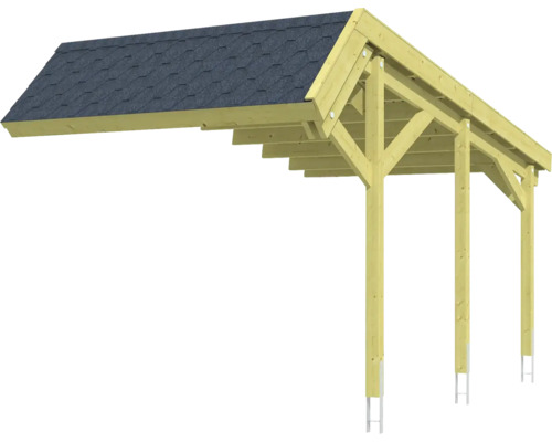 Extension d'espace de stationnement SKAN HOLZ Harz avec ancre de poteau, bardeaux de toit noirs 303 x 560 cm traité en autoclave par imprégnation Carport en bois avec bardeaux de toiture