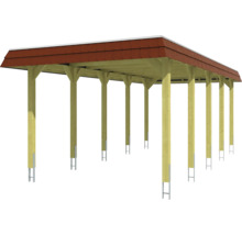 Holzcarport mit rotem Dach