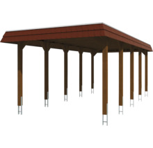 Carport en bois avec toit et supports métalliques