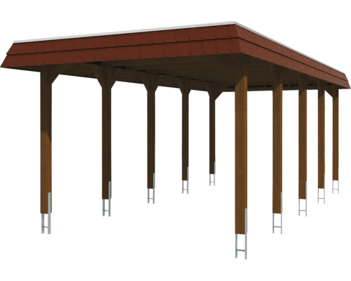 Carport en bois avec toit et supports métalliques