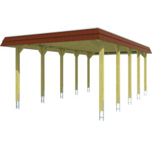 Carport aus Holz mit rotem Dach