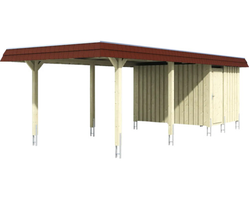 Carport avec remise en bois et toit de tuiles