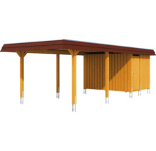 Carport en bois avec remise à outils et toit rouge
