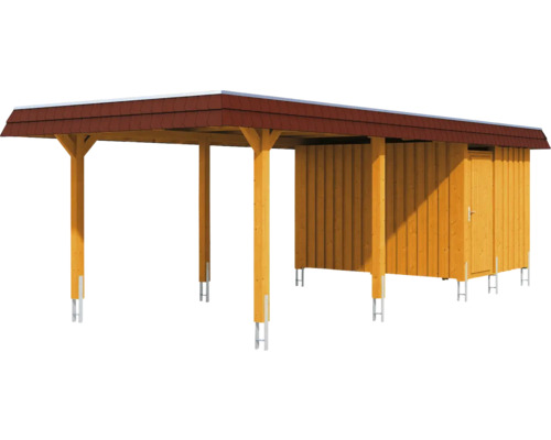Carport en bois avec remise à outils et toit rouge