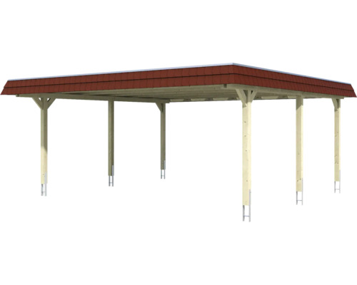 Abri de voiture en bois avec toit rouge