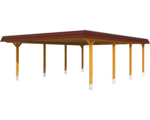 Carport en bois avec toit en tuiles pour la protection des véhicules.