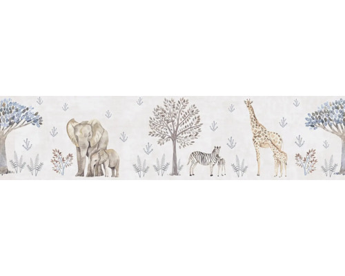 Illustration avec des éléphants, des zèbres et des girafes dans un paysage forestier
