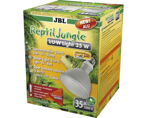 Metalldampfstrahler JBL Reptiljungle L-U-W Light Alu 35W Sonnenstrahler für Regenwaldterrarien 3 in 1 Licht - UV - Wärme, 5000 K, Vollpektrum JBL Reptil Jungle L-U-W Licht 35 Watt Verpackung