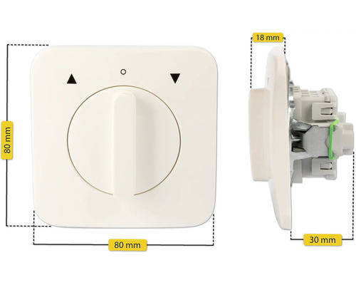 Raumthermostat mit Drehknopf, Front- und Seitenansicht, Abmessungen dargestellt