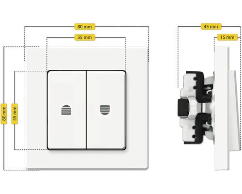 Interrupteur avec des dimensions de 80 mm par 80 mm et une profondeur de 45 mm