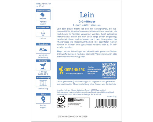 Leinsamenpackung mit Informationen zu Aussaat, Standort und Blütezeit