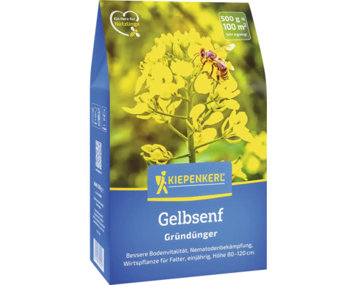Engrais vert Kiepenkerl moutarde jaune 0,5 kg pour 100 m² Engrais vert à la moutarde jaune de Kiepenkerl dans un sac de graines avec fleur et abeille