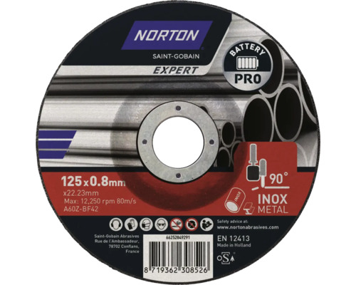 Disque à tronçonner Battery Pro Norton Ø 125x22,23 mm Norton Saint-Gobain Expert disque à tronçonner 125x0,8 millimètres pour métal et acier inoxydable