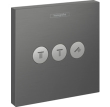 Logo Hansgrohe. Panneau de commande de douche avec trois boutons pour contrôler différentes fonctions de douche.