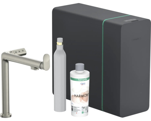 hansgrohe Küchenarmatur mit Filter- und Sprudelfunktion AQITTURA M91 SodaSystem 240 edelstahl gebürstet mit Filterkopf, Mineralisierungskartusche Harmony mit Filter, CO2 Flasche und SodaBase ComfortZone 76810800 Hansgrohe Aqittura M90 SodaSystem mit Armatur, CO2-Flasche und Filterkartusche
