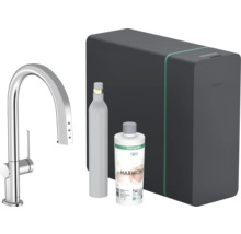Robinet de cuisine Hansgrohe avec mousseur à eau, bouteille de CO2 et flacon de nettoyage