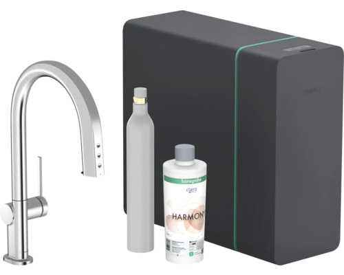 Robinet de cuisine Hansgrohe avec mousseur à eau, bouteille de CO2 et flacon de nettoyage