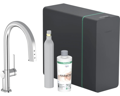 hansgrohe Küchenarmatur mit Filterfunktion SodaSystem AQITTURA M91 chrom mit Schlauchbox lite , Filterkopf, Mineralisierungskartusche Harmony mit Filter, CO2 Flasche und SodaBase 76839000 Küchenarmatur mit Filtersystem, CO2-Flasche und Reinigungskartusche
