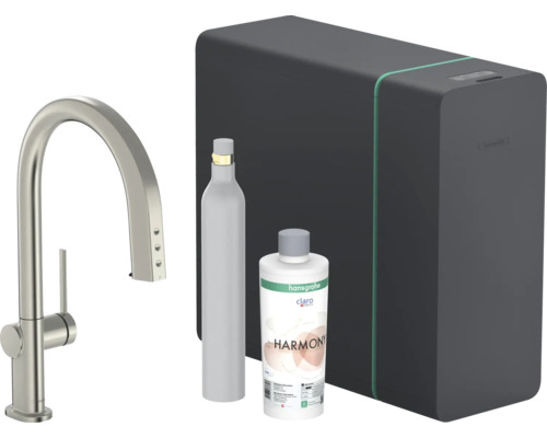 hansgrohe Küchenarmatur mit Filterfunktion SodaSystem AQITTURA M91 edelstahl gebürstet mit Schlauchbox lite, Filterkopf, Mineralisierungskartusche Harmony mit Filter, CO2 Flasche und SodaBase 76839800 Hansgrohe Aqittura M90 Küchenarmatur mit Soda- und Filtersystem, CO2-Flasche und Filterkartusche