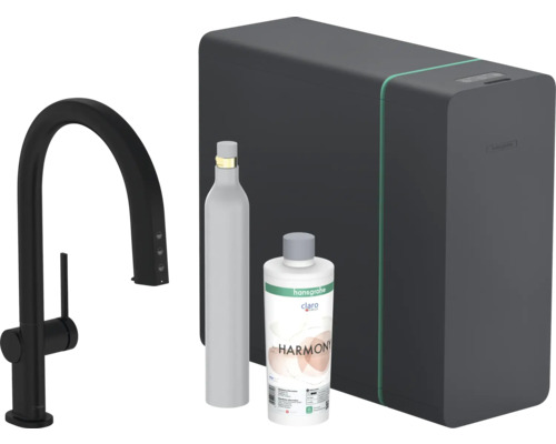 Mitigeur de cuisine hansgrohe avec fonction filtre SodaSystem AQITTURA M91 noir mat avec sBox, tête de filtre, cartouche de minéralisation Harmonie avec filtre, bouteille de CO2 et SodaBase 76806670 Robinet de cuisine Hansgrohe Aqittura M90 avec distributeur d''eau gazeuse et système de filtration
