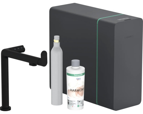hansgrohe Küchenarmatur mit Filter- und Sprudelfunktion AQITTURA M91 SodaSystem 240 schwarz matt mit Filterkopf, Mineralisierungskartusche Harmony mit Filter, CO2 Flasche und SodaBase ComfortZone 76810670 Hansgrohe Wassersprudler System mit Armatur, CO2-Flasche und Filterkartusche