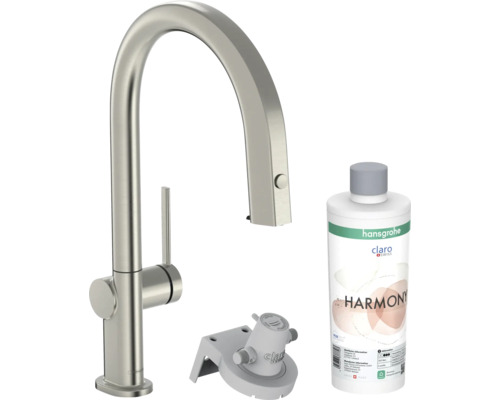 Mitigeur de cuisine hansgrohe avec fonction filtre AQITTURA M91 acier inoxydable brossé avec tête de filtre et cartouche de minéralisation Harmonie avec filtre 76801800 Robinet de cuisine avec système de filtration d''eau et bouteille de nettoyage