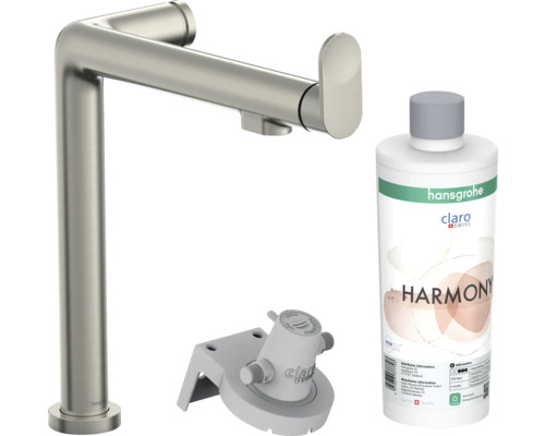 Mitigeur de cuisine hansgrohe avec fonction filtre AQITTURA M91 FilterSystem 240 acier inoxydable brossé avec tête de filtre et cartouche de minéralisation Harmonie avec filtre 76802800 Robinet de cuisine, kit d''installation et liquide vaisselle de Hansgrohe Claro Swiss