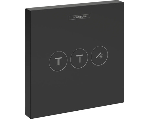 Logo Hansgrohe. Panneau de commande de douche noir avec trois boutons pour contrôler la douche.
