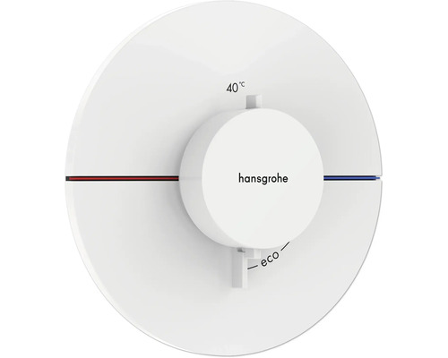 hansgrohe Unterputz Thermostat Dusche SHOWERSELECT COMFORT S weiß matt ohne Unterputzgrundkörper 15559700 Hansgrohe Logo auf einem Thermostat mit 40 Grad Celsius Anzeige und Eco-Funktion