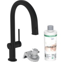 Robinet de cuisine noir avec filtre à eau et flacon de nettoyage