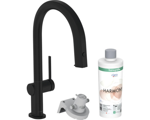 Mitigeur de cuisine hansgrohe avec fonction filtre AQITTURA M91 noir mat avec sBox, tête de filtre et cartouche de minéralisation Harmonie avec filtre 76800670 Robinet de cuisine noir avec filtre à eau et flacon de nettoyage