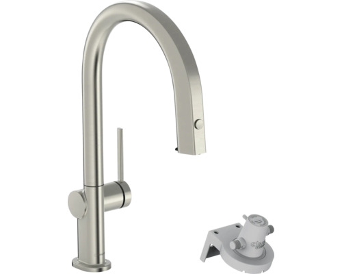 Mitigeur de cuisine hansgrohe avec fonction filtre AQITTURA M91 acier inoxydable brossé avec tête de filtre 76803800 Robinet de cuisine avec raccord pour filtre à eau