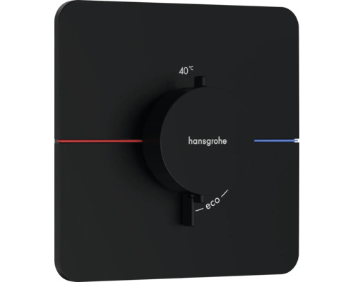 hansgrohe Unterputz Thermostat Dusche SHOWERSELECT COMFORT Q schwarz matt ohne Unterputzgrundkörper 15588670 Hansgrohe Logo auf einer Thermostatarmatur mit Temperatureinstellung und Eco-Funktion