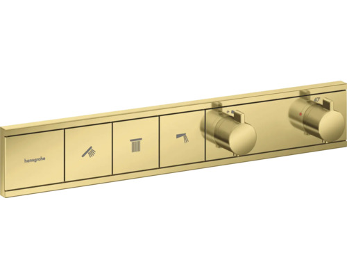 hansgrohe Unterputz Thermostat Dusche RainSelect polished gold optic für 3 Verbraucher ohne Unterputzgrundkörper 15381990 Hansgrohe Unterputz Thermostatarmatur mit drei Funktionen und zwei Absperrventilen