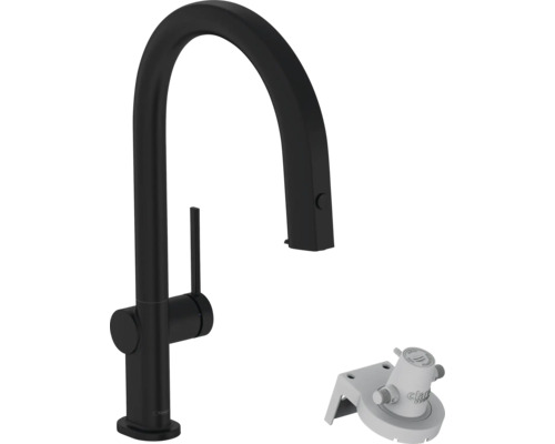 Mitigeur de cuisine hansgrohe avec fonction filtre AQITTURA M91 noir mat avec sBox et tête de filtre 76826670 Robinet de cuisine noir avec bec haut et système de filtration d''eau