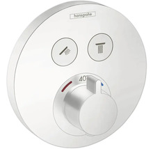 Hansgrohe Logo. Aufputz Thermostatarmatur mit Dusch- und Wannensymbolen sowie Temperaturregler.
