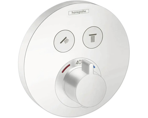 hansgrohe Unterputz Thermostat Dusche SHOWERSELECT S weiß matt ohne Unterputzgrundkörper 15743700 Hansgrohe Logo. Aufputz Thermostatarmatur mit Dusch- und Wannensymbolen sowie Temperaturregler.