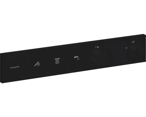 hansgrohe Unterputz Thermostat Dusche RainSelect schwarz matt für 3 Verbraucher ohne Unterputzgrundkörper 15381670 Hansgrohe Logo. Duschpaneel mit verschiedenen Duschfunktionen, Temperaturanzeige 40 Grad.
