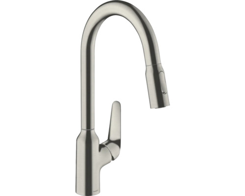 Robinetterie de cuisine hansgrohe avec douchette FOCUS 220 M42 acier inoxydable brossé 71820800 Robinet de cuisine avec bec haut et douchette extractible