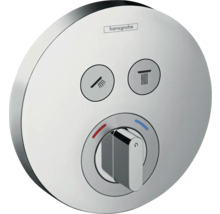 Hansgrohe Logo. Aufputz-Thermostatarmatur mit Brause- und Wannensymbol sowie Temperaturregler.