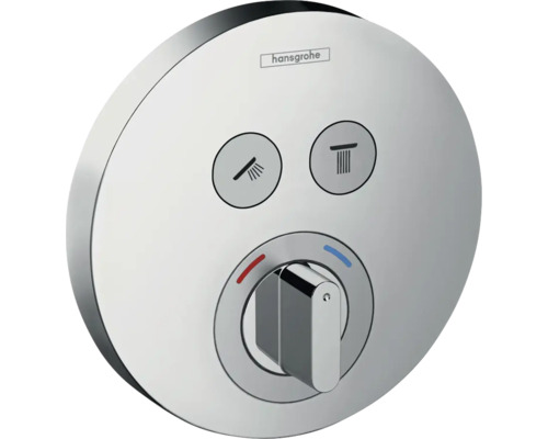 hansgrohe Unterputz Thermostat Dusche SHOWERSELECT S für 2 Verbraucher chrom ohne Unterputzgrundkörper 15748000 Hansgrohe Logo. Aufputz-Thermostatarmatur mit Brause- und Wannensymbol sowie Temperaturregler.
