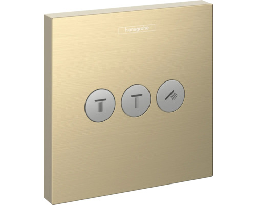 Inverseur encastré hansgrohe SHOWERSELECT brushed bronze brossé sans corps de base encastré 15764140 Logo Hansgrohe. Panneau de commande de douche avec trois boutons pour contrôler la douche.