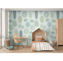 Chambre d''enfant avec papier peint arbre, avion jouet et lit en bois