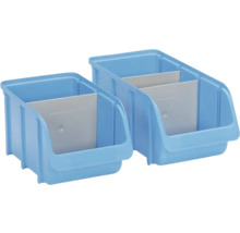 Deux bacs de rangement bleus en plastique avec compartiments pour le stockage de petites pièces.