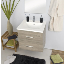Badmöbel-Set Differnz Luka BxHxT 60 x 170 x 48 cm Frontfarbe eiche hell mit Waschtisch Keramik weiß und Waschtisch Spiegel mit LED-Beleuchtung Waschtischunterschrank