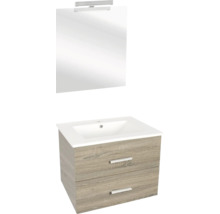 Badmöbel-Set Differnz Luka BxHxT 60 x 170 x 48 cm Frontfarbe eiche hell mit Waschtisch Keramik weiß und Waschtisch Spiegel mit LED-Beleuchtung Waschtischunterschrank