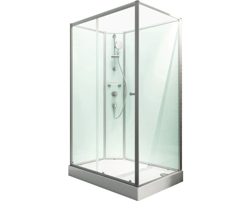 Cabine de douche complète avec parois en verre et pommeau de douche