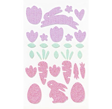 Glitzerdekoration mit Ostermotiven, einschließlich Hase, Ei, Blume und Karotte