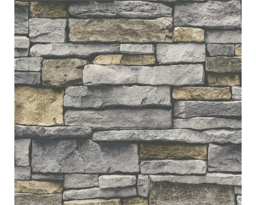 Papier peint intissé 38813-1 Elements II mur en pierres effet 3D gris beige Gros plan d''un papier peint avec un motif de mur en pierre