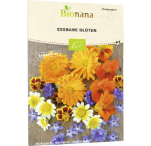 Bionana Samenpackung essbare Blüten mit dem Hinweis samenfest und Bio Siegel